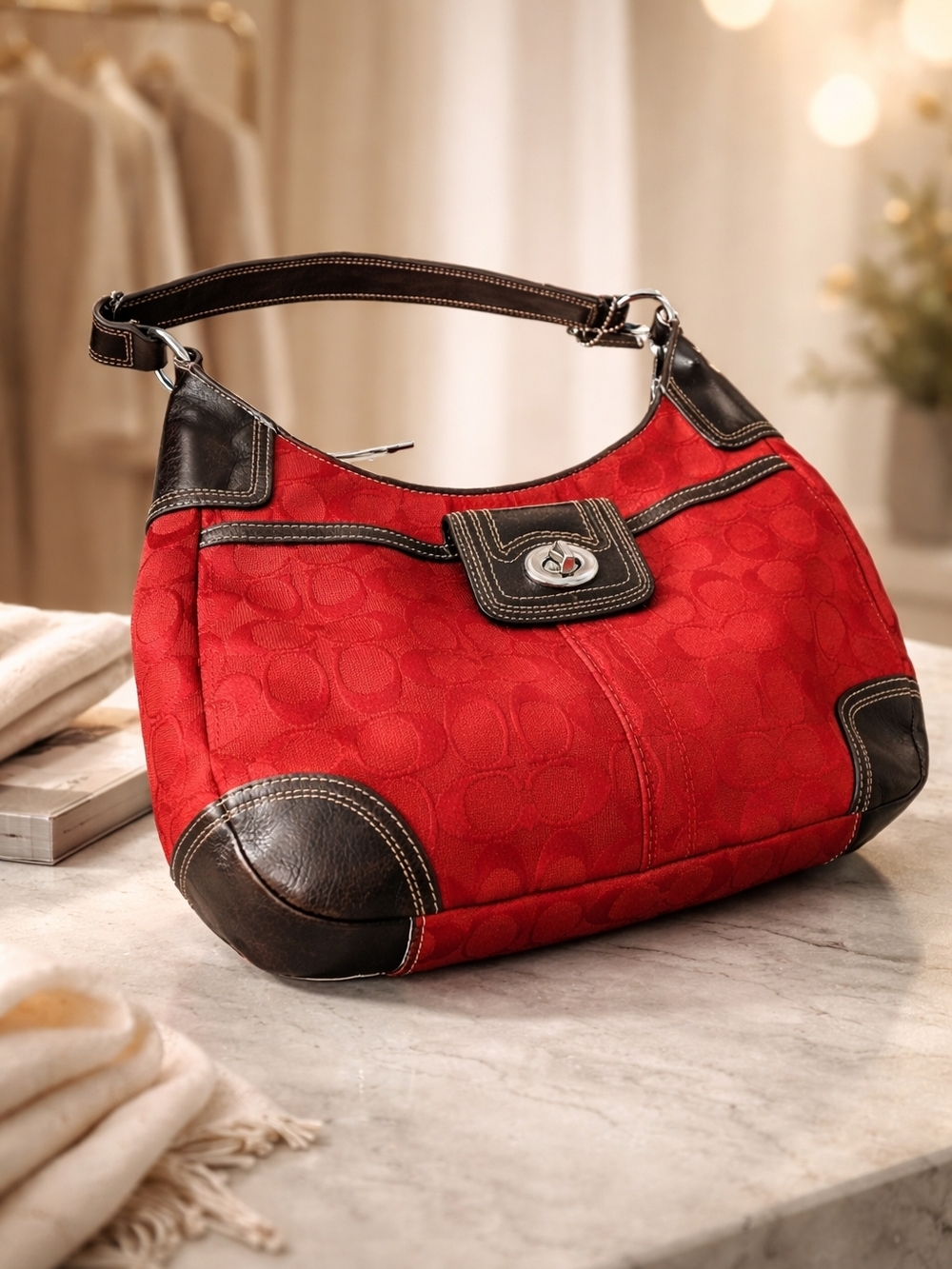 Coach Red Signature-Pattern Hobo Bag with Dark Brown Trim